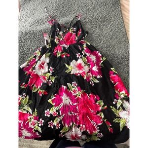 Tropical Hibiscus Floral Sundress Black Pink Rayon Smocked Back Mini Dress
